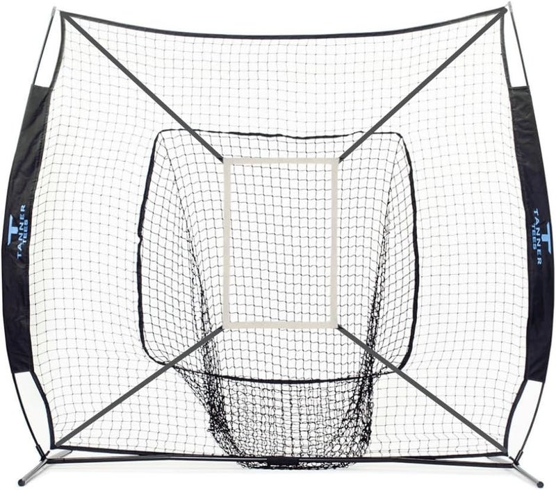 Tanner Portable Baseball Net with Carry Bag - 7' x 7' Baseball Net Softball Batting Net with Target and Catch Sock for Hitting and Pitching | Black and Blue - Image 1